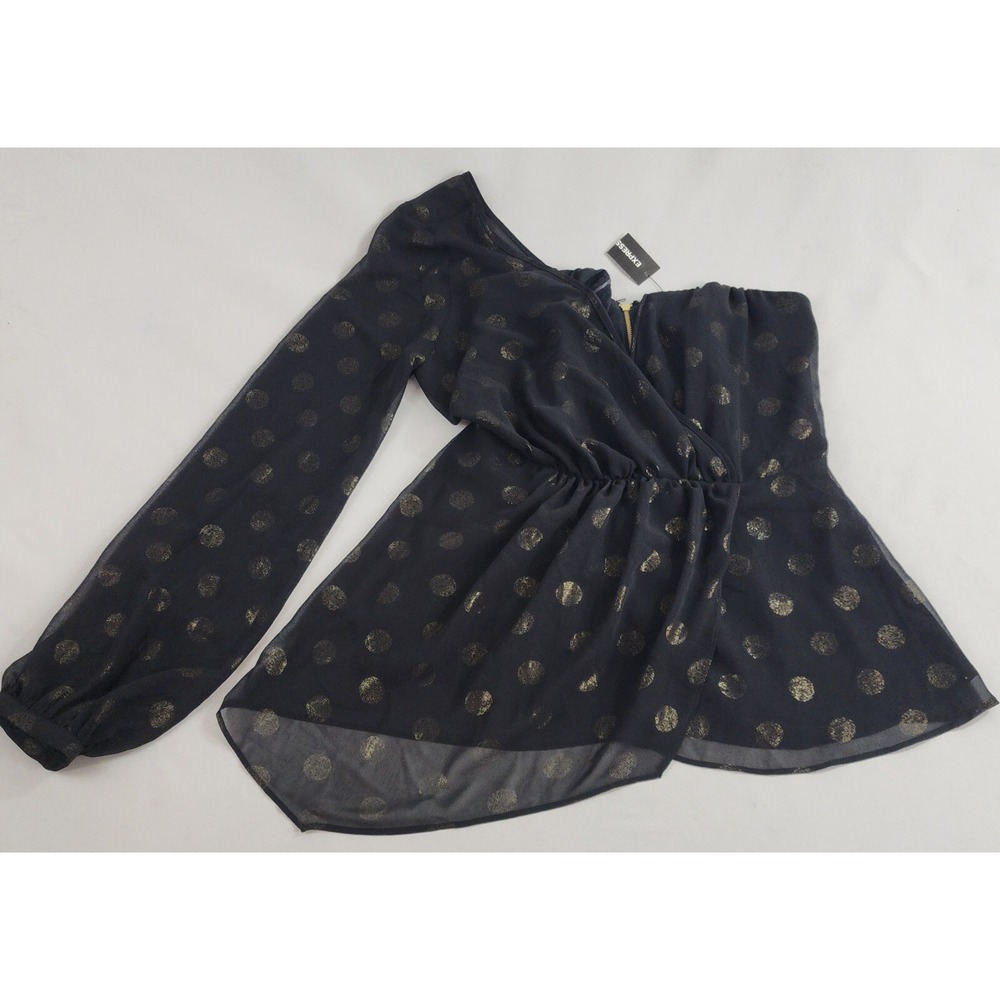 Express Womens One Shoulder Blouse Black Gold Polka Dot Zip Top Sz 4 11024040